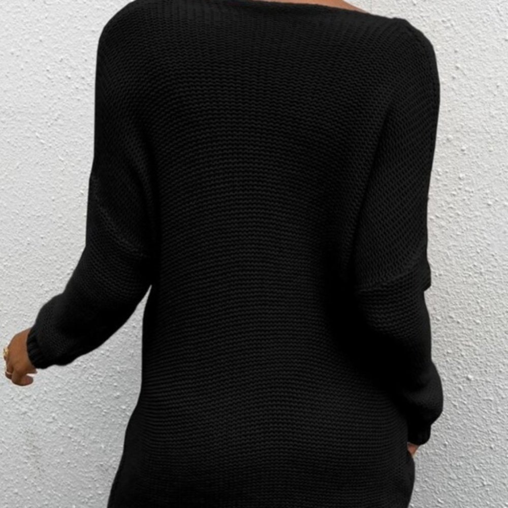 BOHO Off Shoulder Surplice Knit Sweater Black - Picture 3 of 7